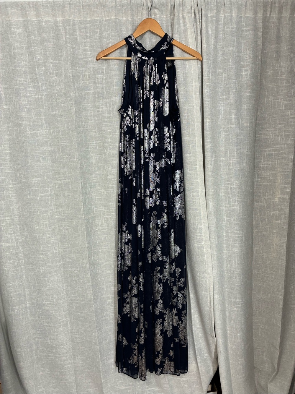MSK Navy Halter Maxi Jumpsuit with Silver Floral Print